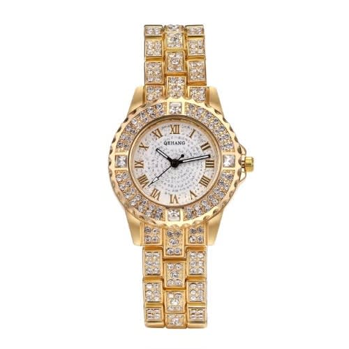 2 In 1 Rhinestone Female Wrist Watch And Gold Bracelet