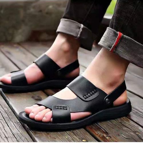 Men's Leather Sandals Fashion Platform Sports Sandals Genuine Leather Black