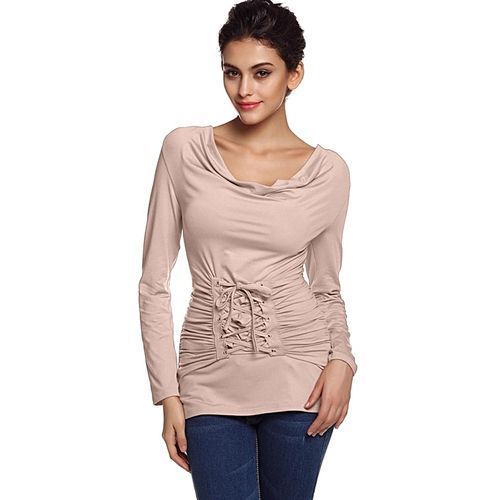 Stylish Ladies Round Neck Long Sleeve Slim Ruched Drape Outwear Casual Top Blouse-Wine Red