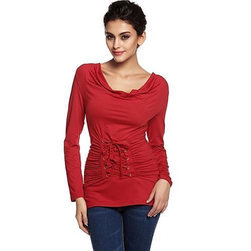 Stylish Ladies Round Neck Long Sleeve Slim Ruched Drape Outwear Casual Top Blouse-Wine Red