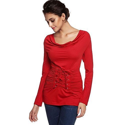 Stylish Ladies Round Neck Long Sleeve Slim Ruched Drape Outwear Casual Top Blouse-Wine Red