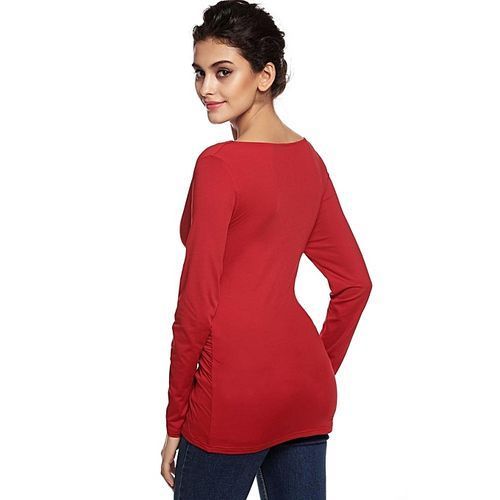 Stylish Ladies Round Neck Long Sleeve Slim Ruched Drape Outwear Casual Top Blouse-Wine Red