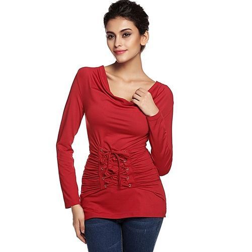 Stylish Ladies Round Neck Long Sleeve Slim Ruched Drape Outwear Casual Top Blouse-Wine Red