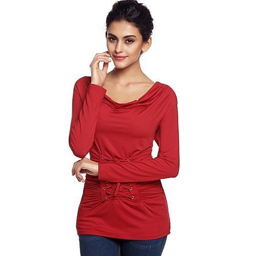 Stylish Ladies Round Neck Long Sleeve Slim Ruched Drape Outwear Casual Top Blouse-Wine Red