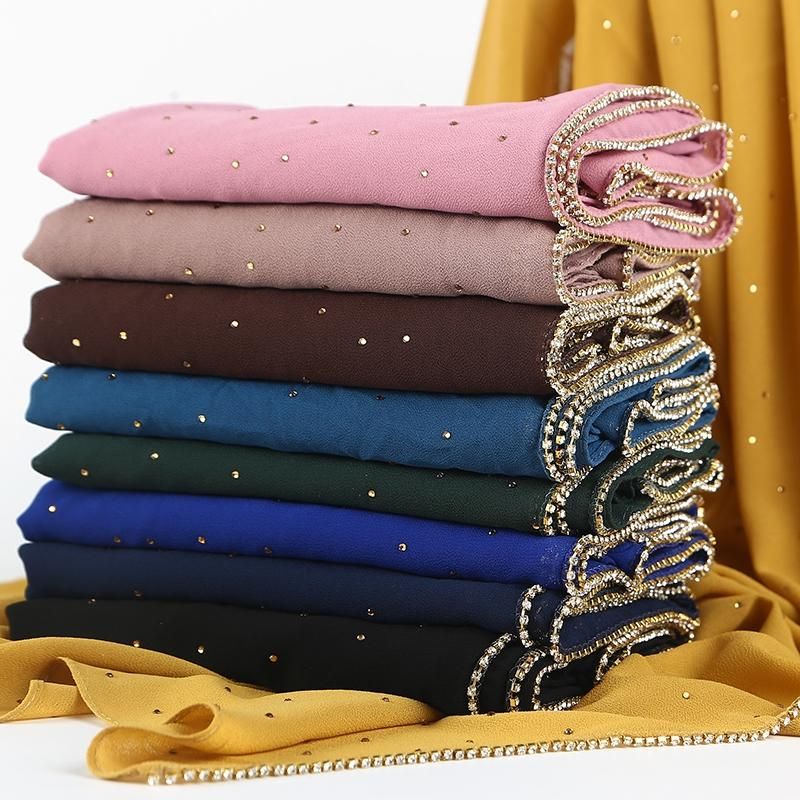 Bling Chiffon Scarf Shimmer With Crystal Chain Edged Scarf Muslim Scarves