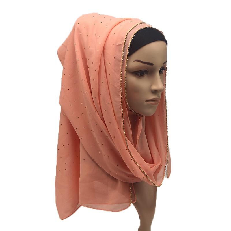 Bling Chiffon Scarf Shimmer With Crystal Chain Edged Scarf Muslim Scarves