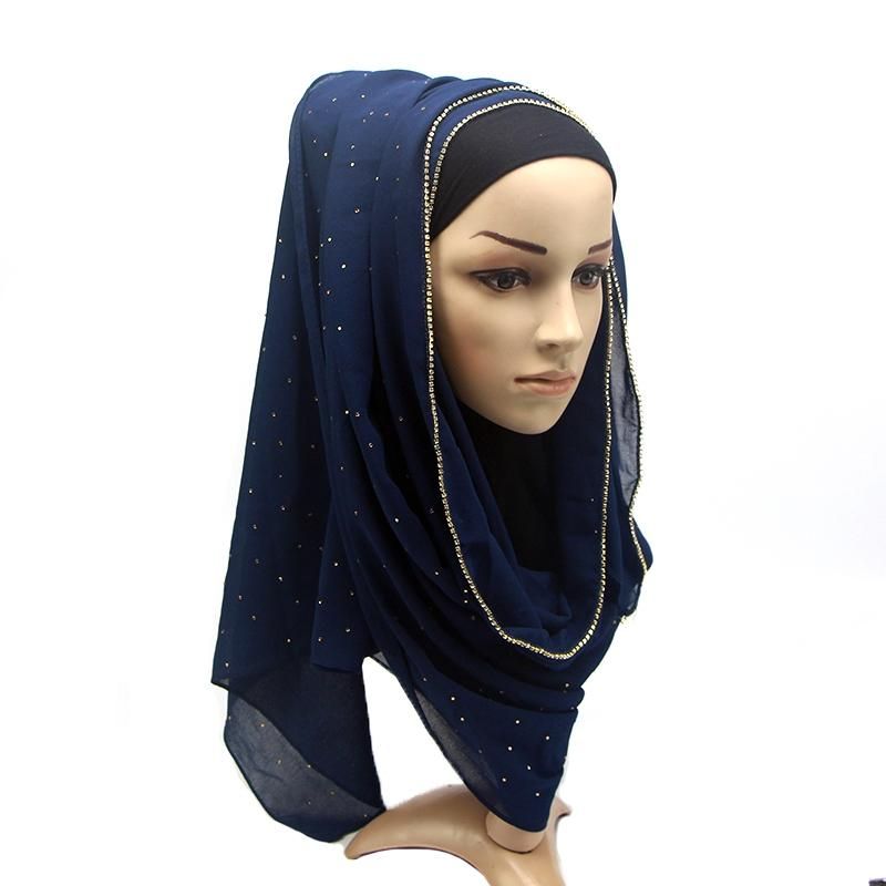 Bling Chiffon Scarf Shimmer With Crystal Chain Edged Scarf Muslim Scarves