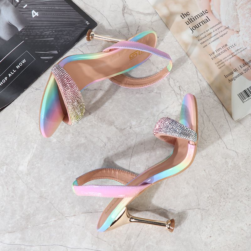 New Sexy High Heel Shoes With Rhinestone Thin Heel Color Fashion Sandals-Light Blue
