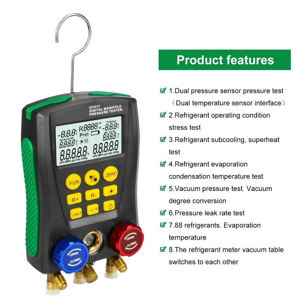 DUOYI DY517/DY517A Refrigeration Digital Manifold Set Vacuum Meter Testing HVAC Temperature Tester Digital Manifold Meter HVAC Vacuum