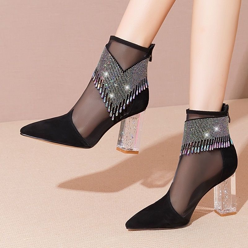 (White)Summer Fashion Boots Women 2022 New Glitter Rhinestone Ladies Pointed Toe Chunky Heel S JIN