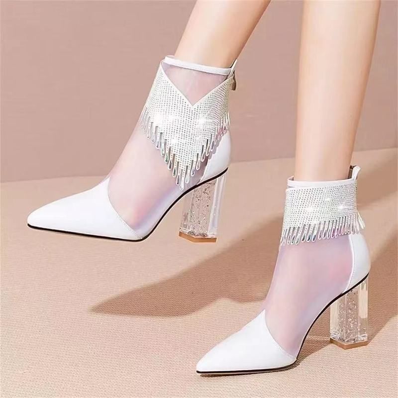(White)Summer Fashion Boots Women 2022 New Glitter Rhinestone Ladies Pointed Toe Chunky Heel S JIN