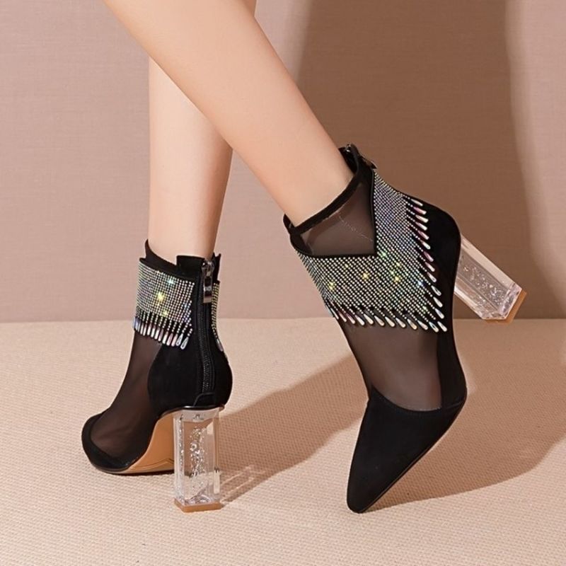 (White)Summer Fashion Boots Women 2022 New Glitter Rhinestone Ladies Pointed Toe Chunky Heel S JIN