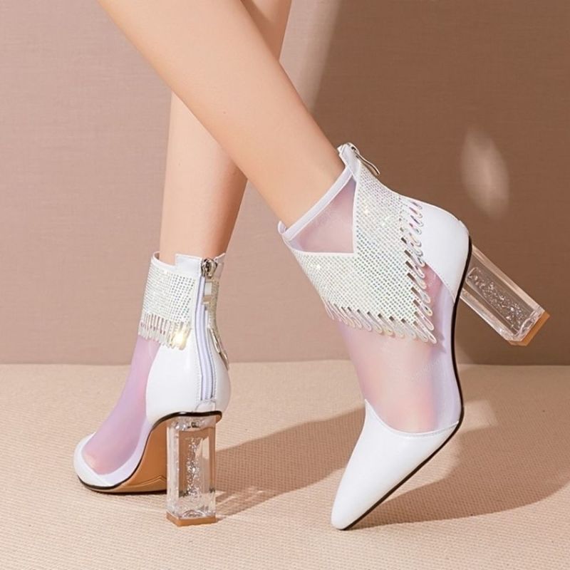 (White)Summer Fashion Boots Women 2022 New Glitter Rhinestone Ladies Pointed Toe Chunky Heel S JIN