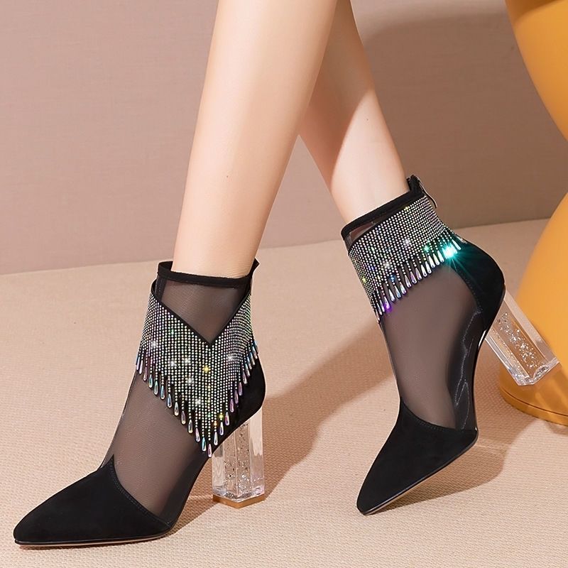 (White)Summer Fashion Boots Women 2022 New Glitter Rhinestone Ladies Pointed Toe Chunky Heel S JIN