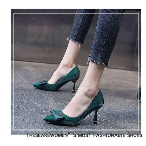 Green Women's 2022 New Pointed Satin Stilettos Heel Height 6cm