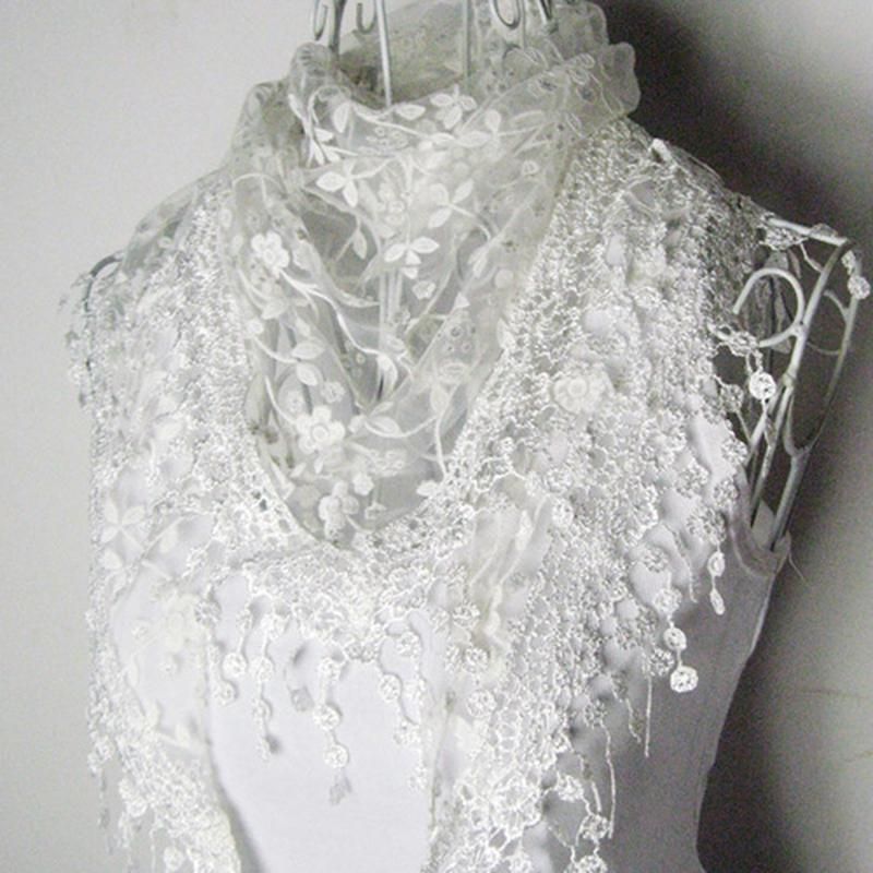Elegant Triangle Floral Lace Wrap Scarf Women Tassel-Black