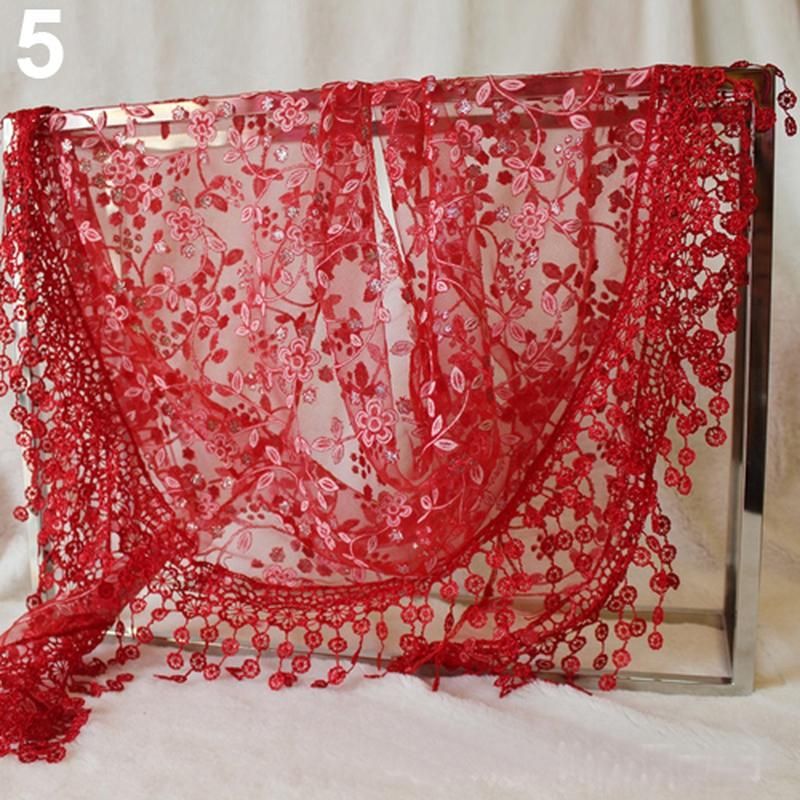 Elegant Triangle Floral Lace Wrap Scarf Women Tassel-Black