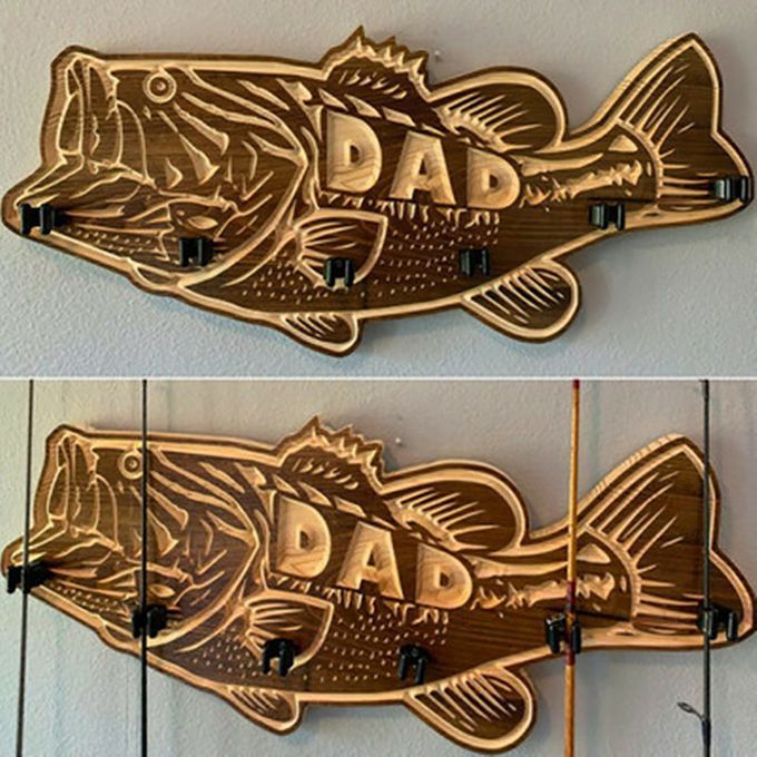 Wood Large Mouth   Rod Holder Wall Mounted   Pole Storage Ra K-Large Bass-38*16*1cm