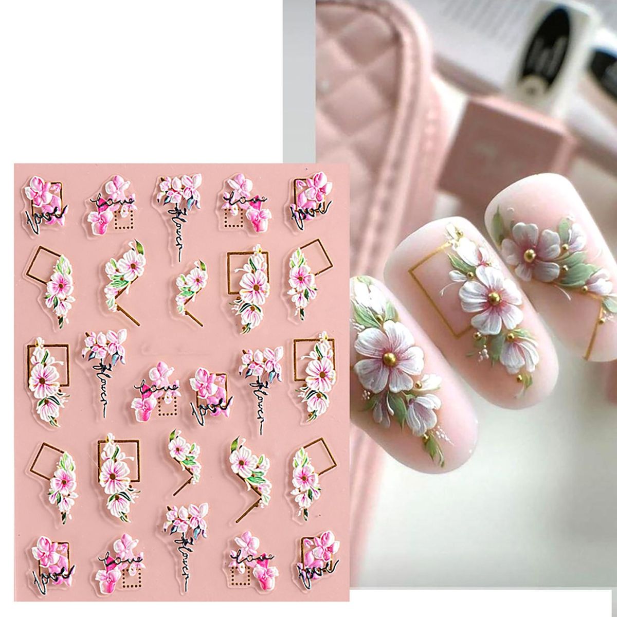 1 Sheet Manicure Sticker 5D Flowers Double Color Love Heart Nail Art Sticker Light Pink