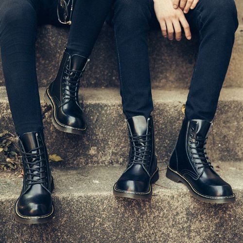 Flangesio Luxury Men's Fashion Boots EUR Size 36-47 Top Quality Italian Handmade Cow Split Leather Motorcycle Boots Unisex High Top Martin Boots Handsome Male Shoes Couples Oxfords Outsole Ankle Boots Black