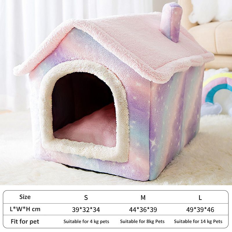 Collapsible Printed Pet House Lovely Rabbit Ear Design Mechanical Wash Dog Cat Sleeping Nests Comfort Warm Plush Pet Supplies-Pink House