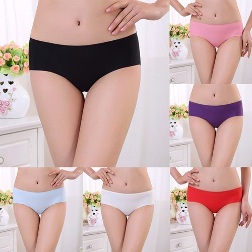 Women Ultra-thin Breathable Seamless Mid Waist Ice-silk Briefs Panty-Black