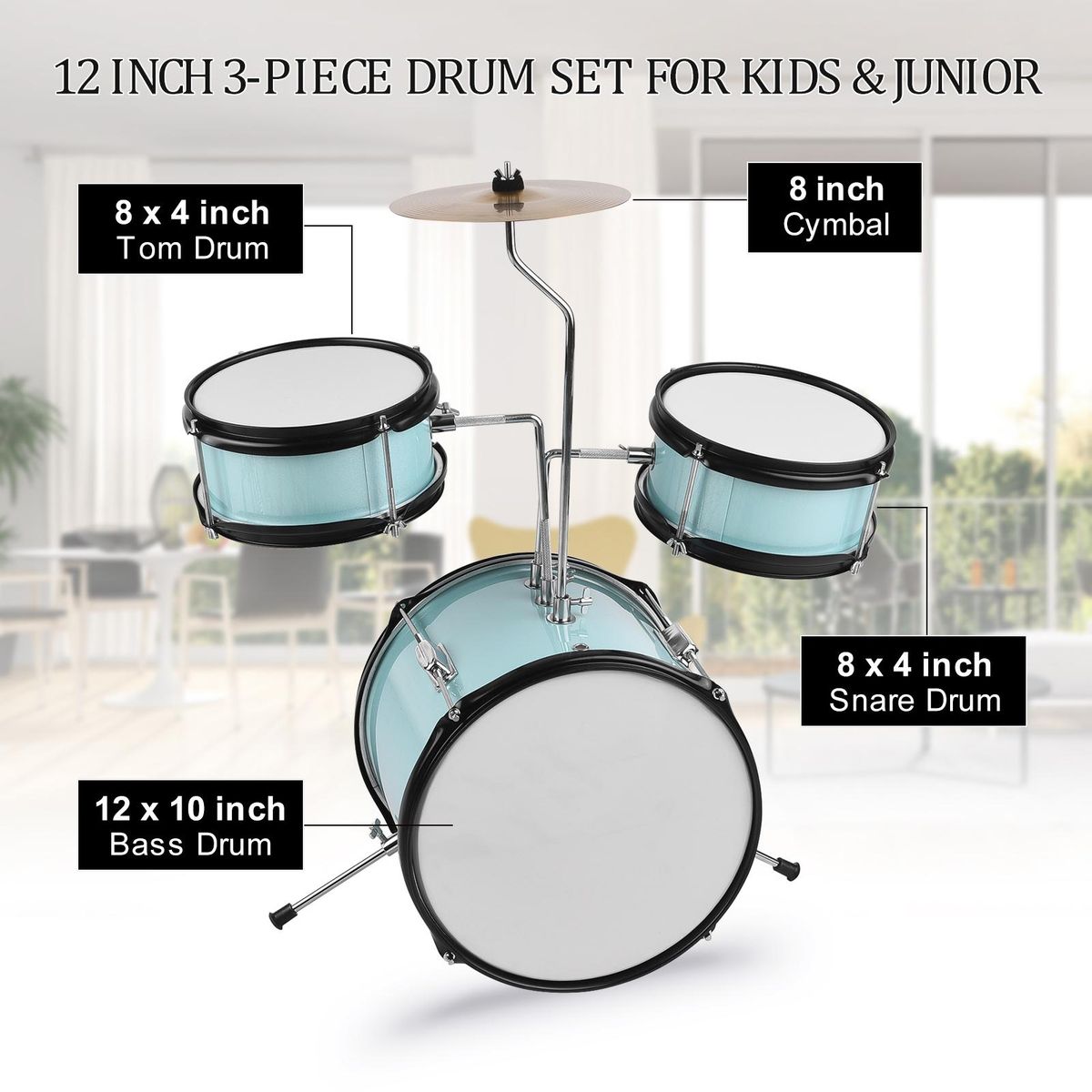 12 inch 3-Piece Kids Drum Set with Adjustable Throne Cymbal Pedal Drumsticks Musical Instrument for