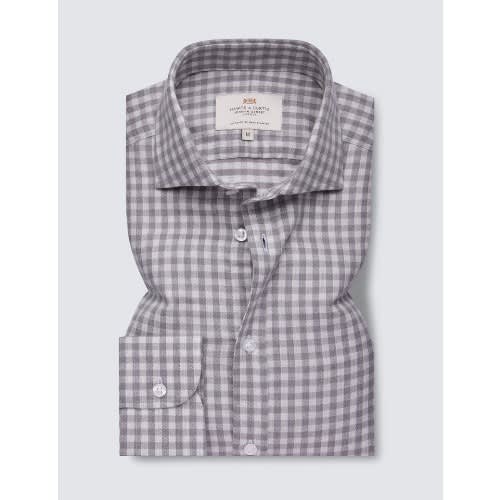 Check Flannel Shirt With Full Cutaway Collar - Grey
