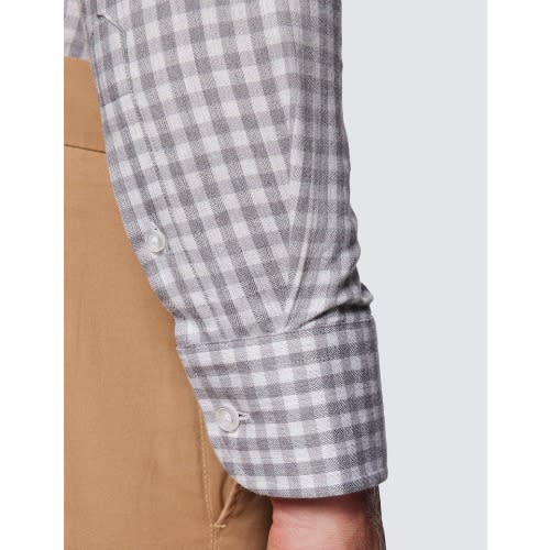 Check Flannel Shirt With Full Cutaway Collar - Grey