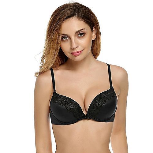 Women Sexy Underwear Lace Patchwork Seamless Underwire Push Up Bra-Gray
