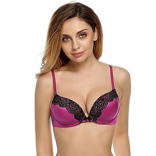 Women Sexy Underwear Lace Patchwork Seamless Underwire Push Up Bra-Gray