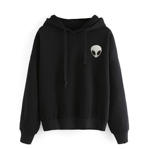 Pocket Alien Men And Women Plain Hoodie - Black
