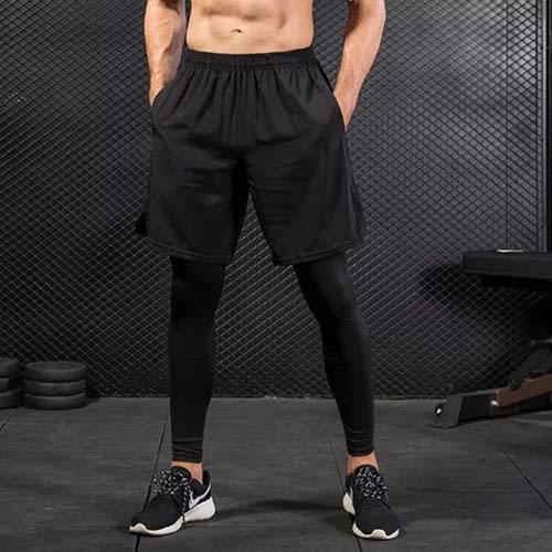Men's 2 In 1 Training Running Sports Tight Pants With Shorts