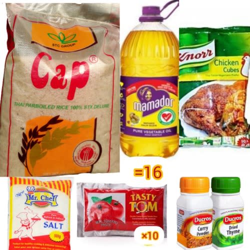 Cap Rice 10KG, Vegetable Oil, Tomato, Curry N Thyme, Knorr Chicken, Salt