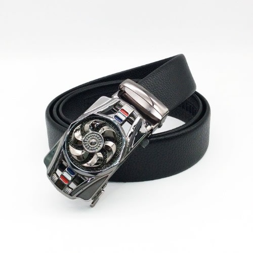 Men's Leather Belt With Rotating Automatic Buckle Design - Black