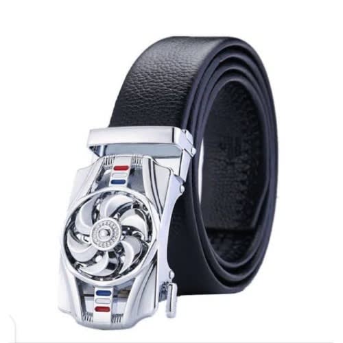Men's 120 Cm Leather Belt With Rotating Automatic Silver Buckle Design