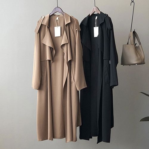 Ladies Retro Fashion Long Loose Windbreaker Jacket - Black