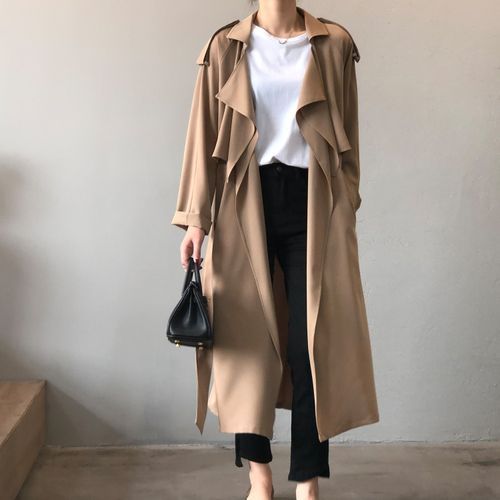 Ladies Retro Fashion Long Loose Windbreaker Jacket - Black