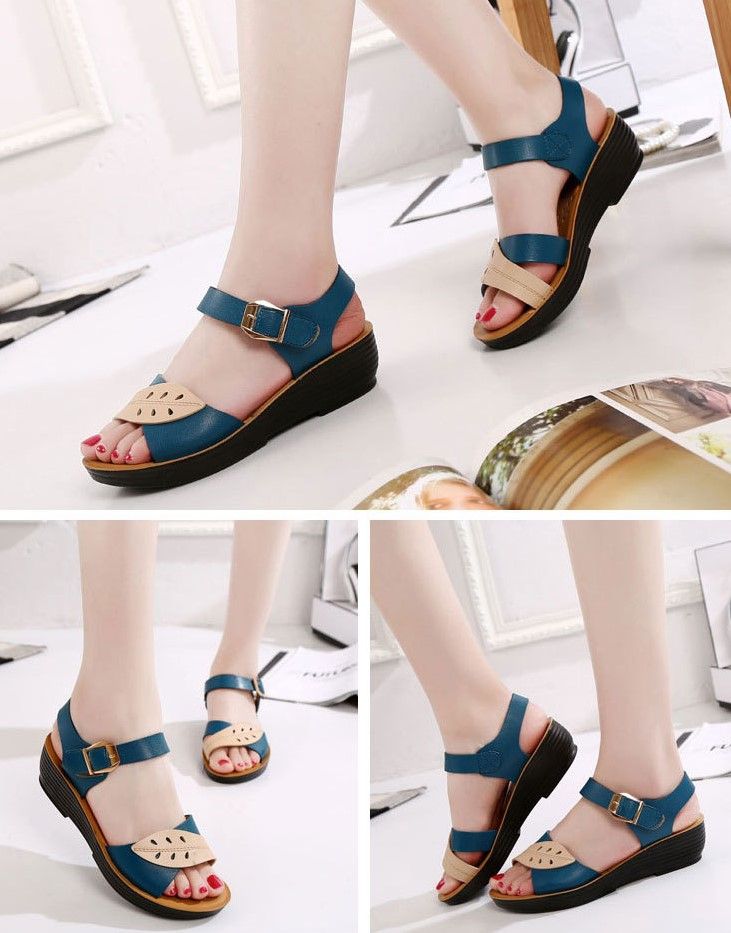Women's Summer Sandals Comfortable Buckle Wedges Shoes - Blue