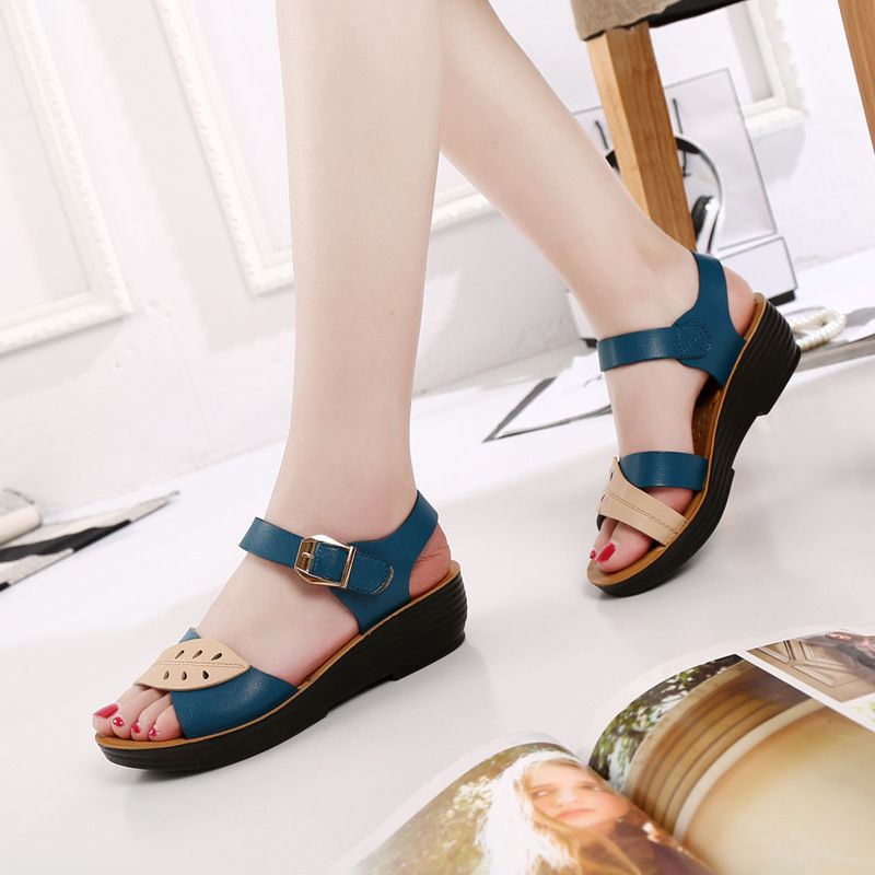 Women's Summer Sandals Comfortable Buckle Wedges Shoes - Blue