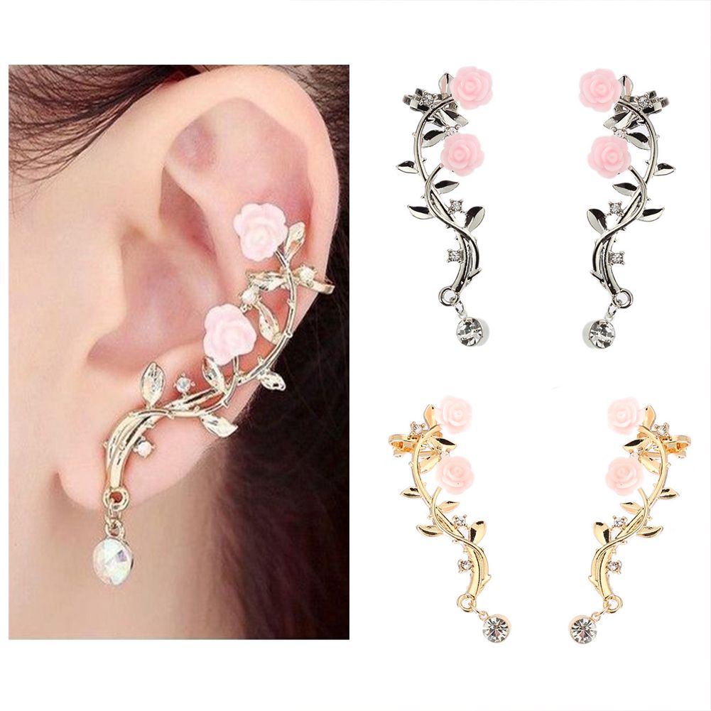 Earrings Beautiful Climber Crawler Rose Flower Branch Earrings-Golden
