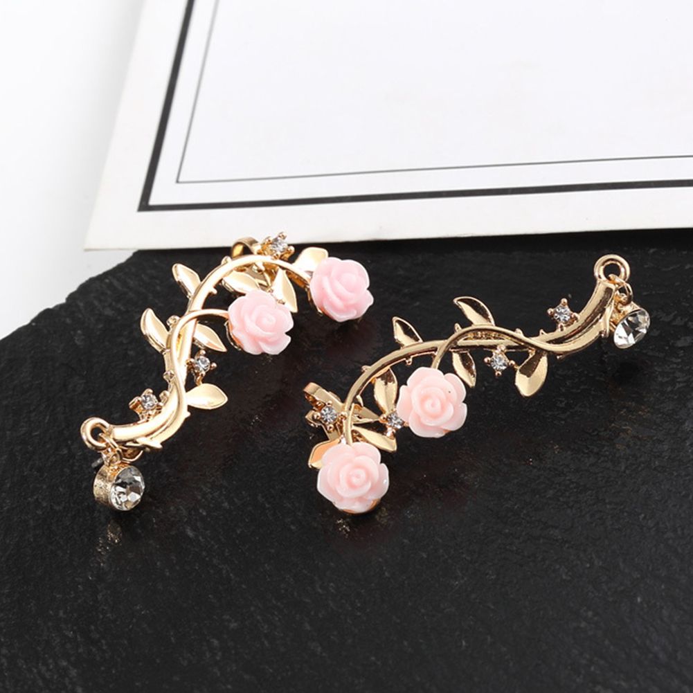 Earrings Beautiful Climber Crawler Rose Flower Branch Earrings-Golden