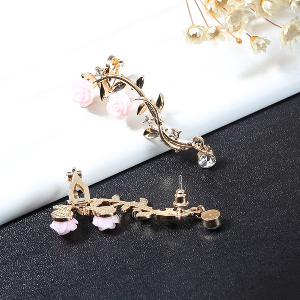 Earrings Beautiful Climber Crawler Rose Flower Branch Earrings-Golden