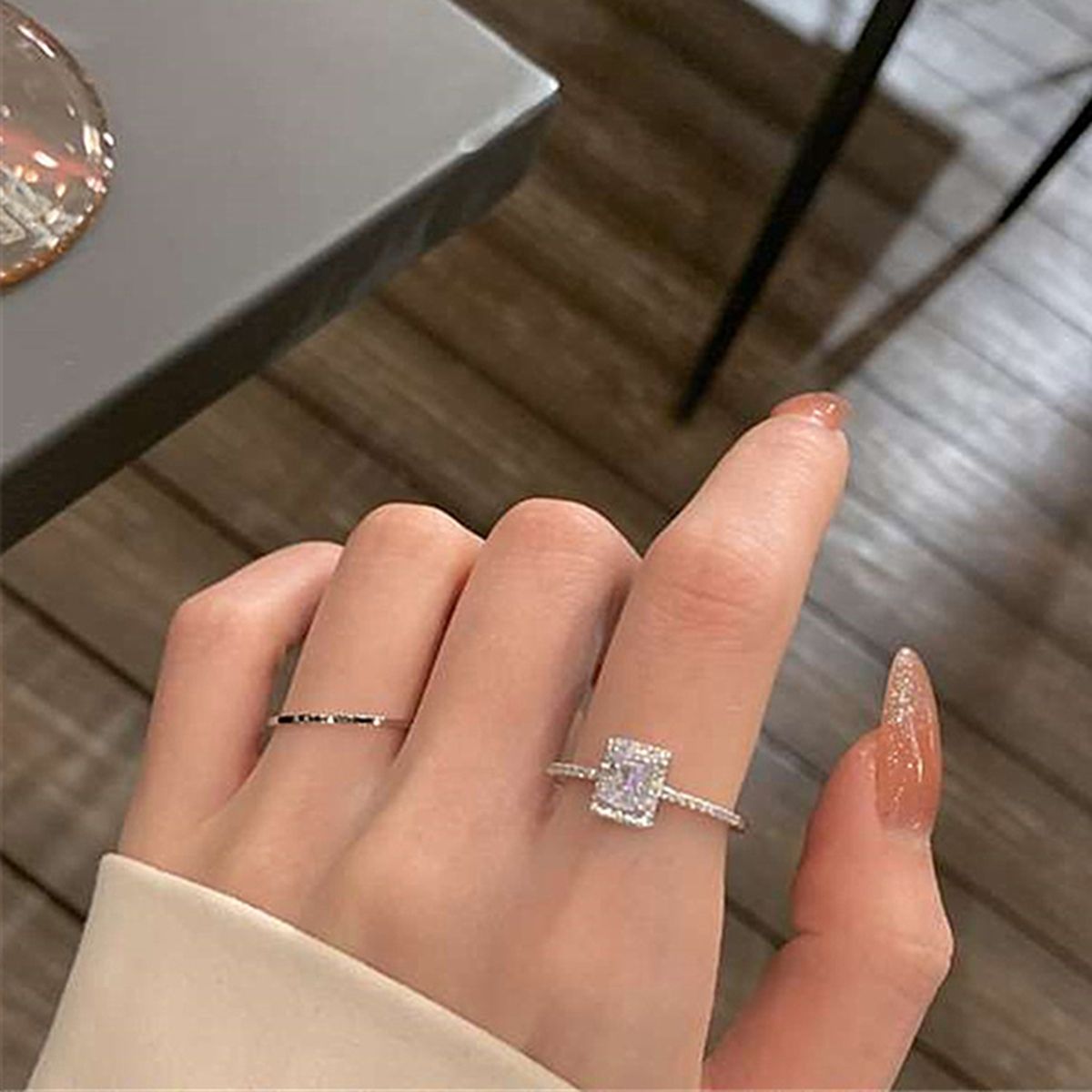 Female Ring Rhinestone Inlaid Female Ladies Finger Ring Silver