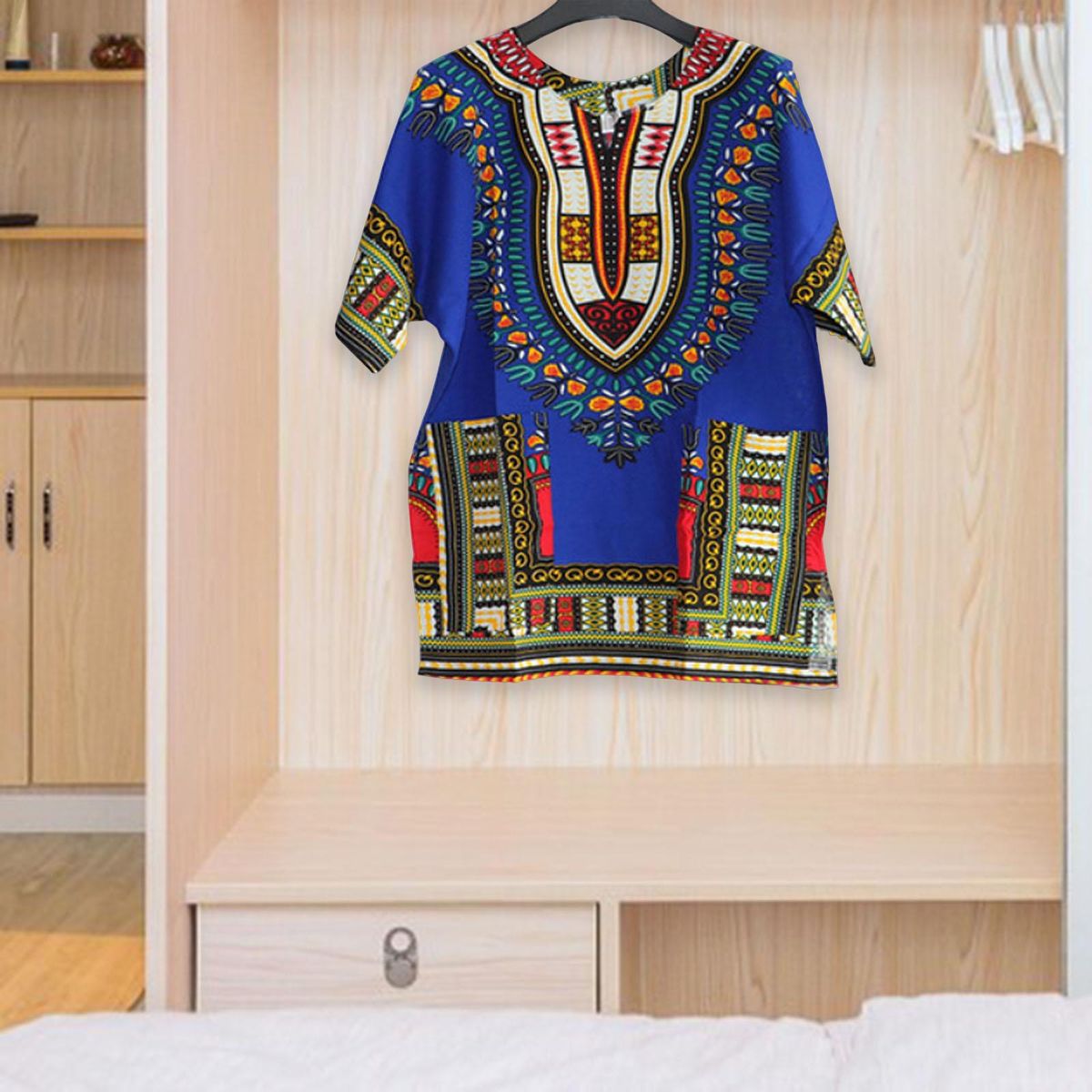 Unisex African Dashiki Shirt Cotton Linen Blend Short One Size  Blue