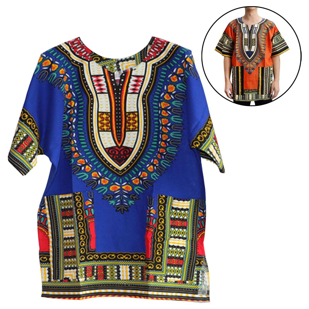 Unisex African Dashiki Shirt Cotton Linen Blend Short One Size  Blue