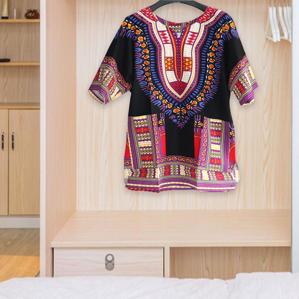 Men Women African Dashiki T Shirt Bright Colour V One Size  Black
