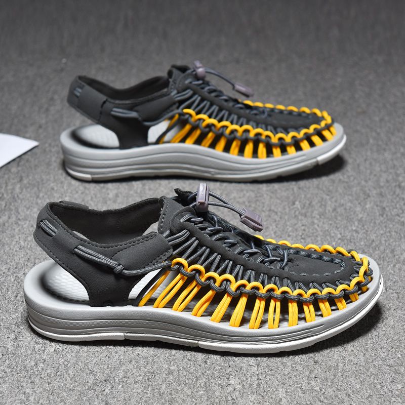 Summer Sandals Men Shoes EUR Size 35-48 Fashion Handmade Weaving Couples Gladiator Sandals Soft Non-slip Casual Beach Flat Sandals Grey Yellow