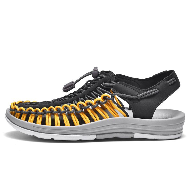 Summer Sandals Men Shoes EUR Size 35-48 Fashion Handmade Weaving Couples Gladiator Sandals Soft Non-slip Casual Beach Flat Sandals Grey Yellow