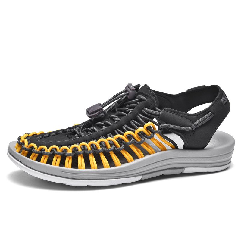 Summer Sandals Men Shoes EUR Size 35-48 Fashion Handmade Weaving Couples Gladiator Sandals Soft Non-slip Casual Beach Flat Sandals Grey Yellow
